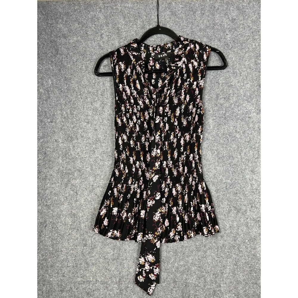DKNY Blouse women size Medium Black Floral Print Pleated Tie Neck Top Career